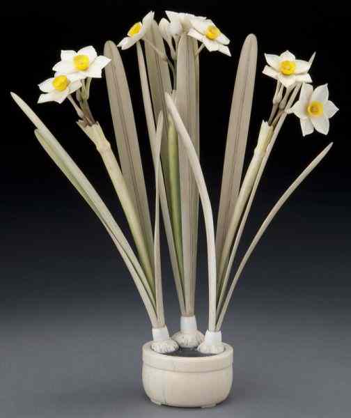 Appraisal: Japanese polychrome carved ivory daffodil signed International shipping IS NOT