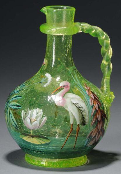 Appraisal: Moser Vaseline Crackle Glass Vase Enameled Pitcher Description Circa Has