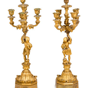 Appraisal: A Pair of Louis Philippe Gilt Bronze Five-Light Figural Candelabra