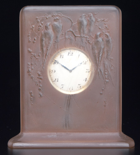 Appraisal: R LALIQUE Clock Six Hirondelles Perchees clear and frosted with