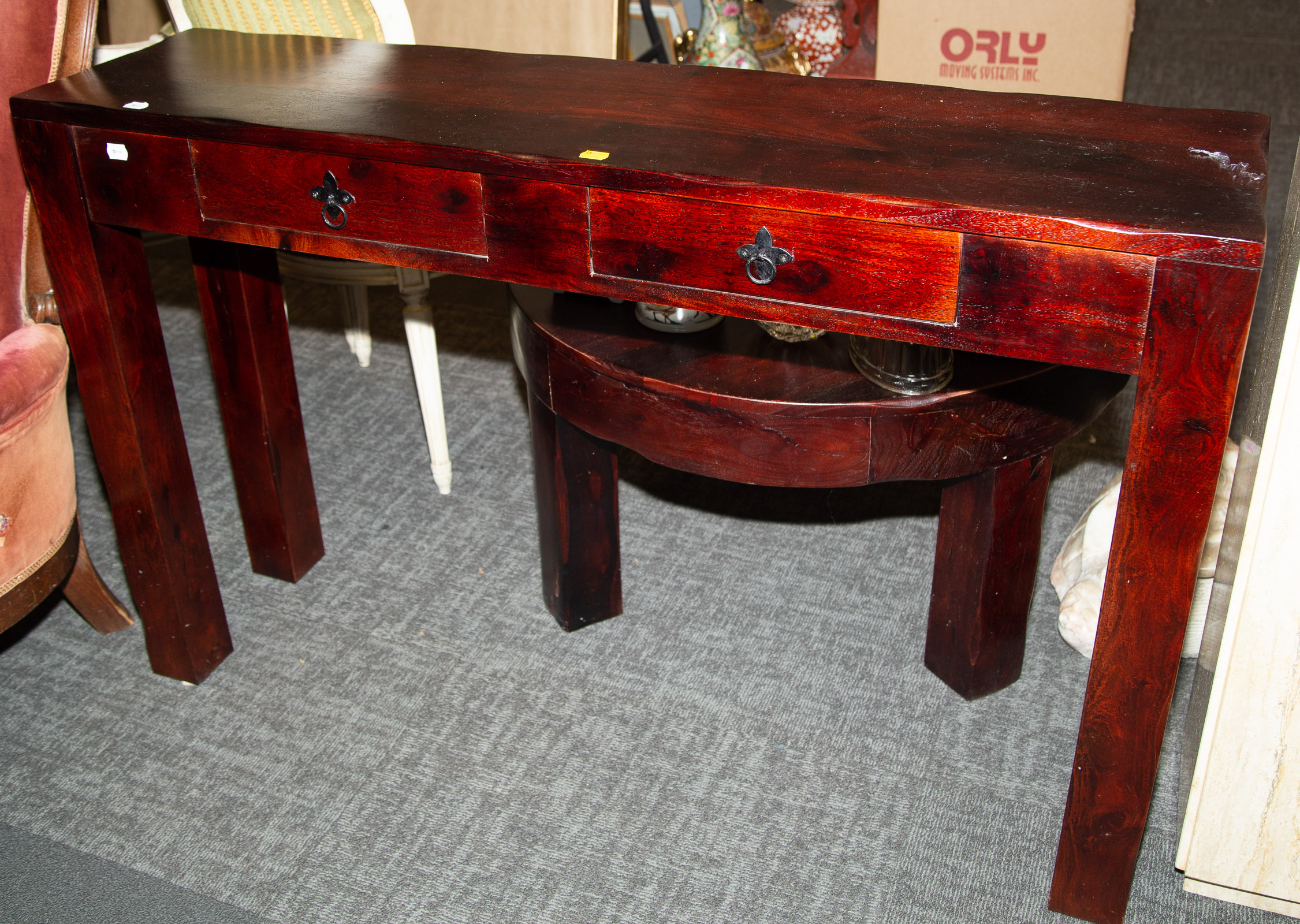 Appraisal: CONTEMPORARY RUSTIC MAHOGANY HALL TABLE Modern fitted with two drawers