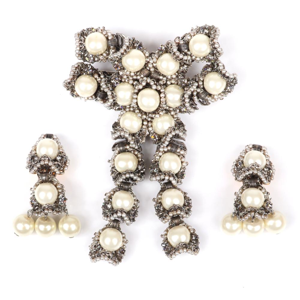 Appraisal: WILLIAM DE LILLO DANGLING BOW PIN AND EARRING SET WITH