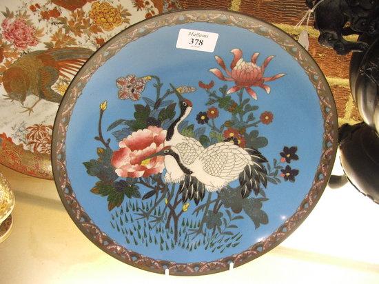 Appraisal: A JAPANESE CLOISONNE DISH decorated with two cranes amongst flowering