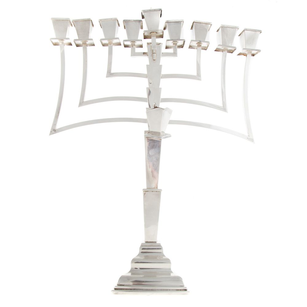 Appraisal: Israeli Sterling Silver Modernist Menorah Stepped square foot supporting geometric