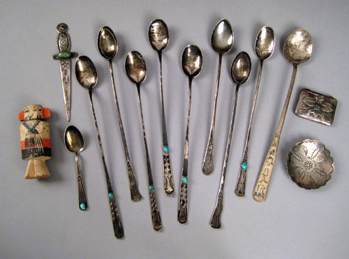 Appraisal: Group of Native American silver objects to include seven spoons