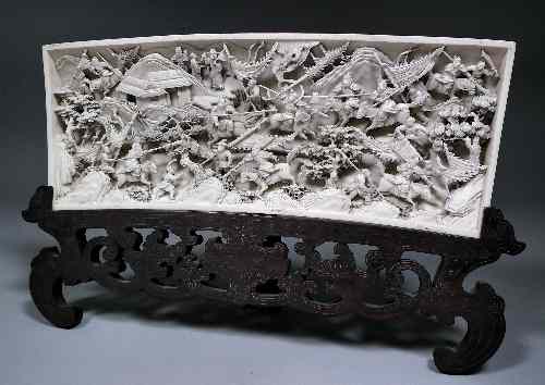 Appraisal: A good Chinese carved ivory rectangular battle scene panel ins