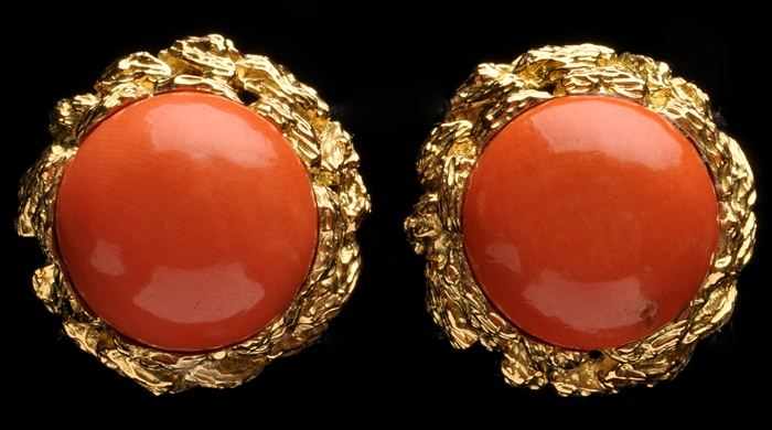 Appraisal: PAIR OF GOLD AND CORAL ROUND EARRINGS Unmarked