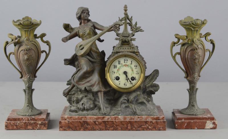 Appraisal: Lot of French Art Nouveau Clock and Candlesticks Including one