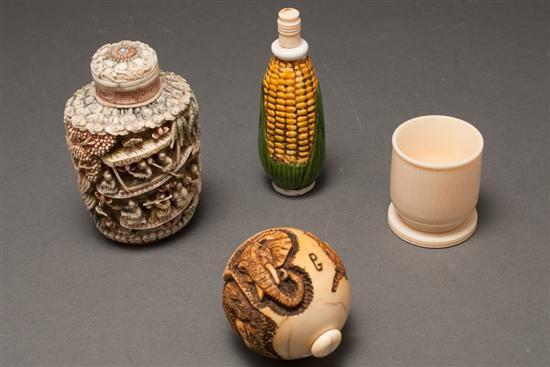 Appraisal: Chinese ivory snuff bottle ivory sphere with cup-form stand and