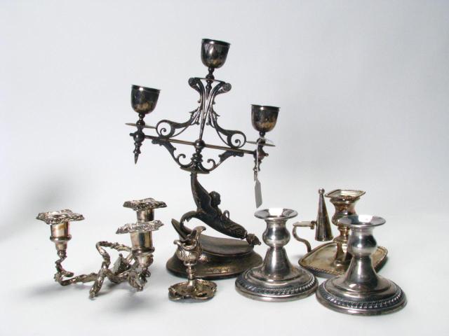 Appraisal: Group of Ornate Silver Plate Candlesticks including an Art Nouveau