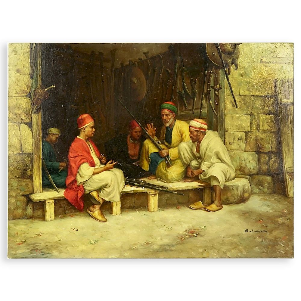 Appraisal: Orientalist School Oil On Board Men With Weapons Orientalist School