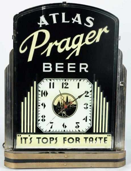 Appraisal: Atlas Prager Beer Reverse Glass Clock Manufactured by the Cincinnati