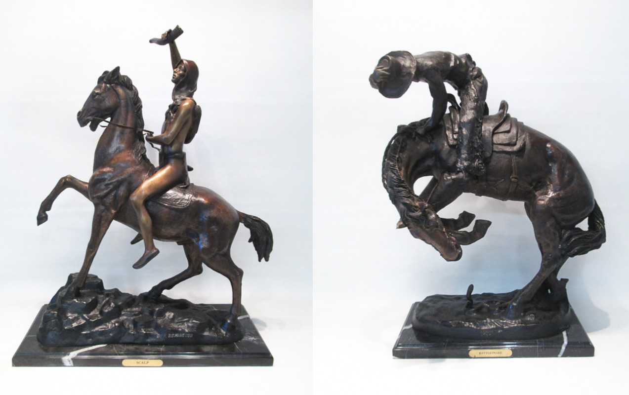 Appraisal: TWO PATINATED BRONZE SCULPTURES AFTER FREDERIC REMINGTON Scalp and Rattle