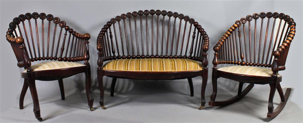 Appraisal: VICTORIAN HUNZIGER THREE-PIECE MAPLE LOLLIPOP SEATING SUITE including an armchair