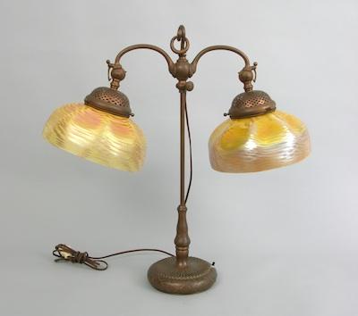 Appraisal: A Tiffany Student Table Lamp with Original Damascene Shades The