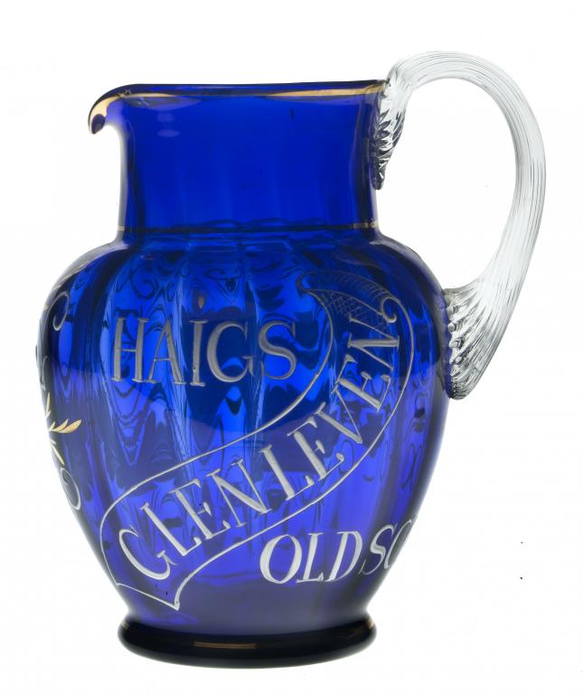 Appraisal: WHISKY ADVERTISING A GILT BLUE GLASS WATER JUG with Mary