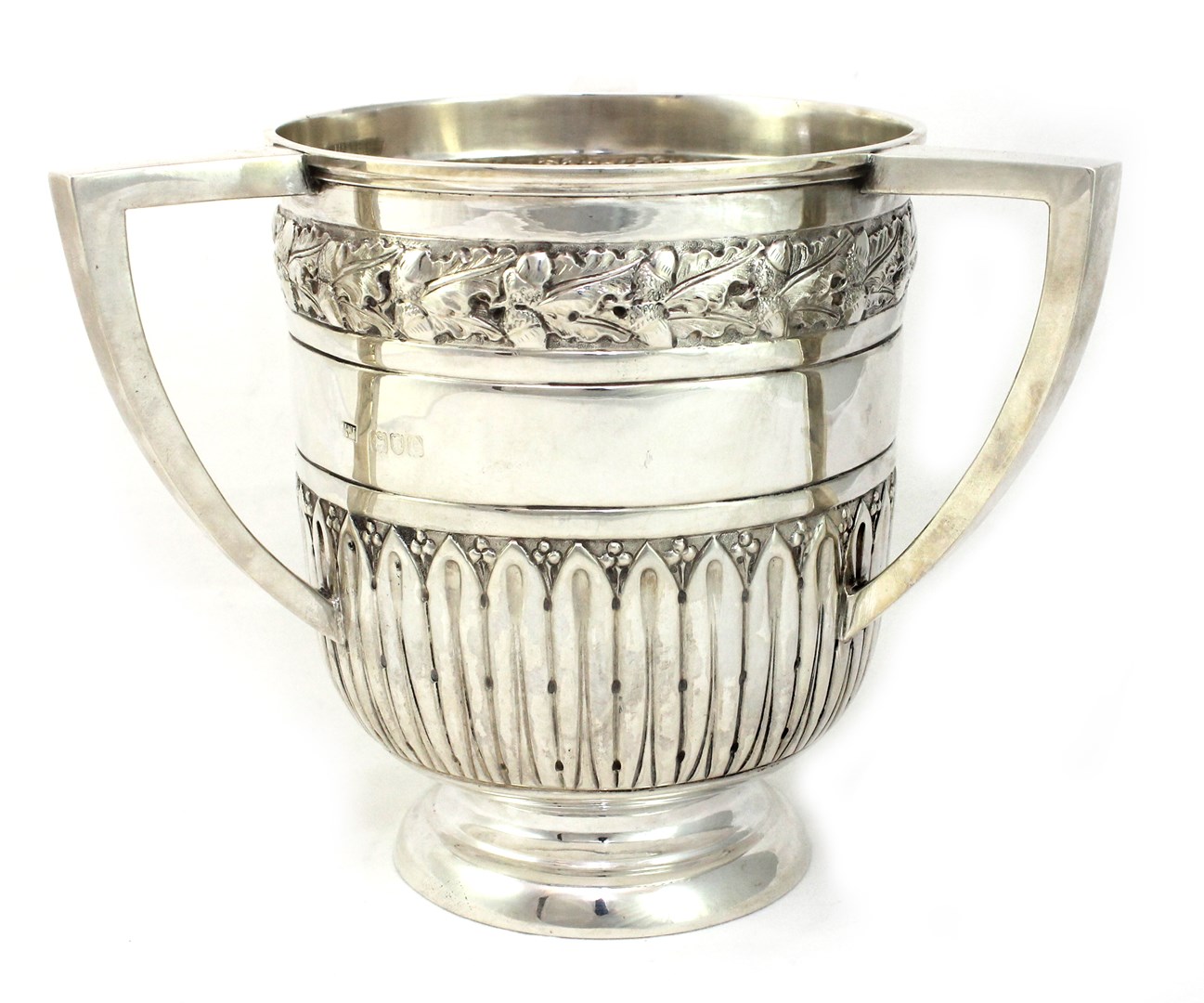 Appraisal: A silver three handle loving cup the body with partly