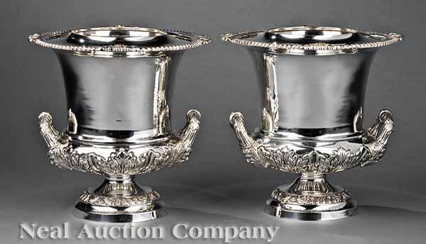 Appraisal: A Pair of Regency-Style Silverplate Campagna-Form Wine Coolers marked Royal