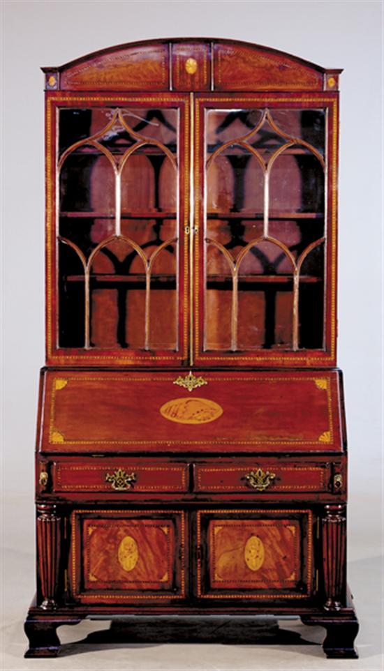 Appraisal: William IV inlaid mahogany bureau bookcase circa arched cornice installed