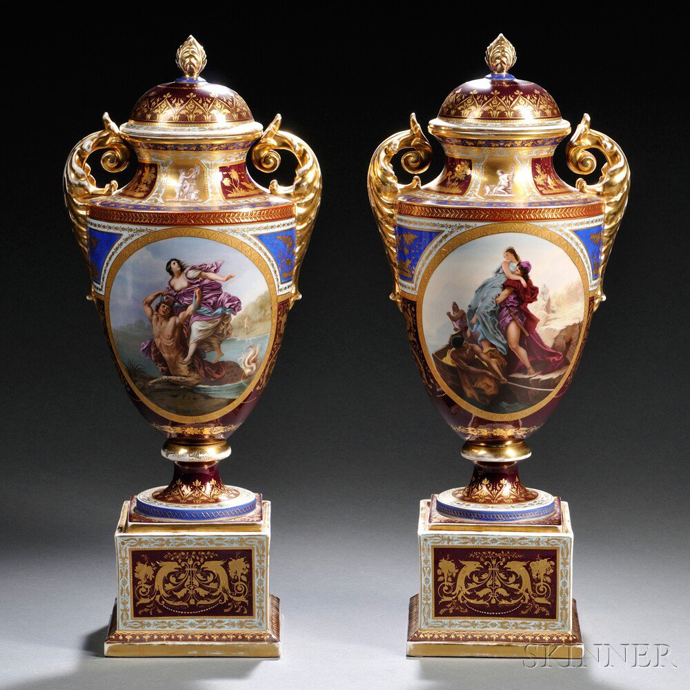 Appraisal: Pair of Vienna Porcelain Vases and Covers Austria late th