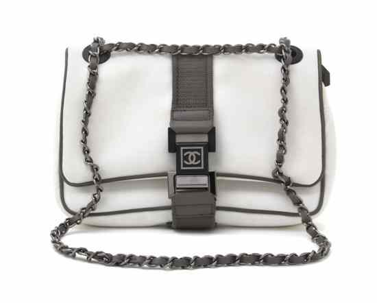 Appraisal: A Chanel White and Gray Canvas Bag with gray leather