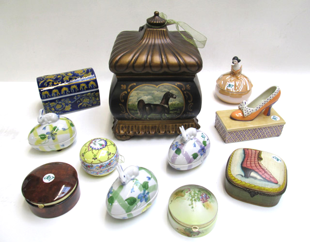 Appraisal: ELEVEN ASSORTED CERAMIC BOXES footed square box with painted horse