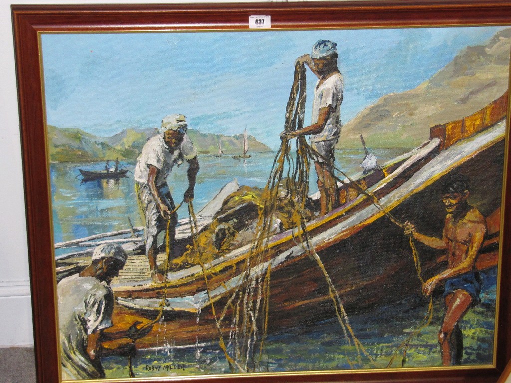 Appraisal: ROBIN MILLER oil on board 'Eastern Fishermen' signed