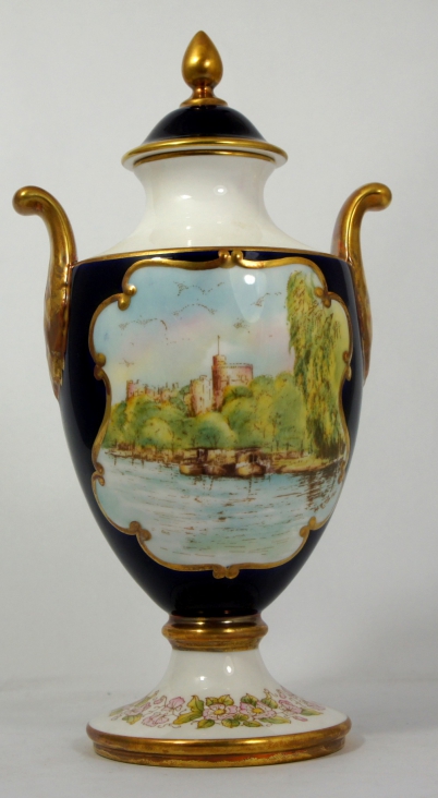 Appraisal: Caverswall Handled Vase and cover hand painted Windsor Castle by