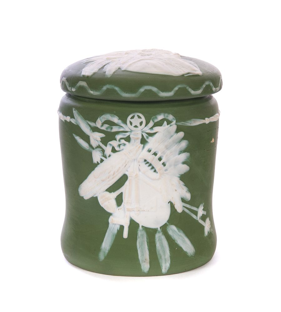 Appraisal: Gebruder Heubach Jasperware Indian Chief Tobacco Jar Gebruder Heubach Jasperware