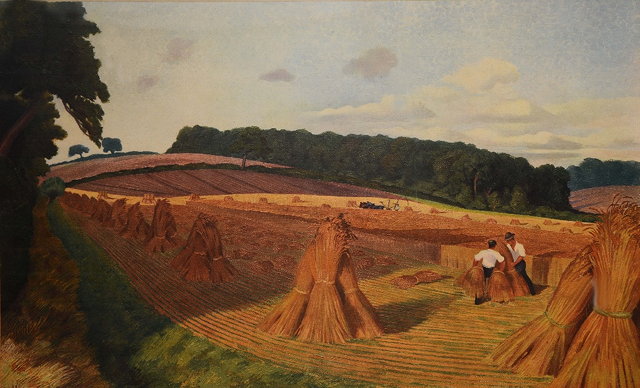 Appraisal: After John Nash British - Harvesting cornfields signed in pencil