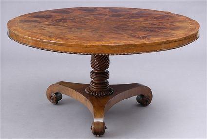 Appraisal: WILLIAM IV FLAME MAHOGANY AND BURL PEDESTAL TABLE The cross-banded