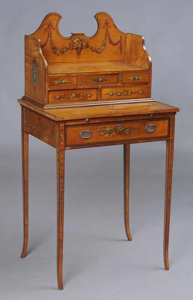 Appraisal: EDWARDIAN PAINTED SATINWOOD WORK TABLE With galleried five-drawer superstructure the