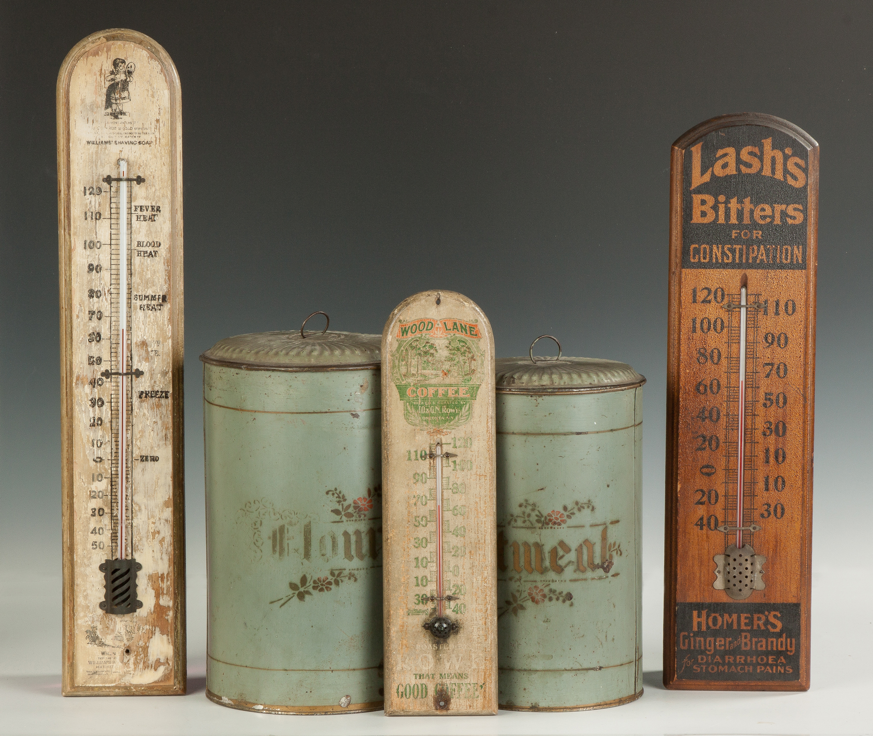 Appraisal: Three Vintage Advertising Thermometers Two Painted Tins Late th cent