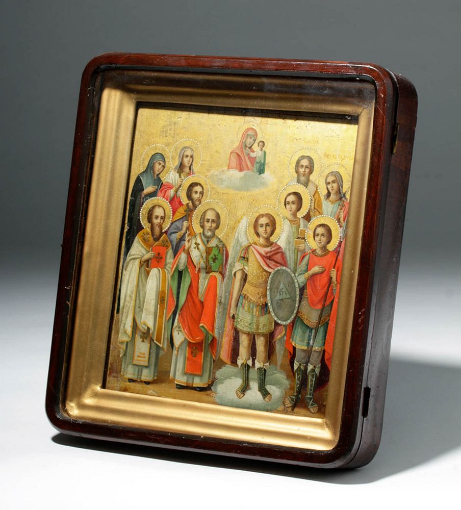 Appraisal: Framed th C Russian Gilded Wood Icon - Saints Originally