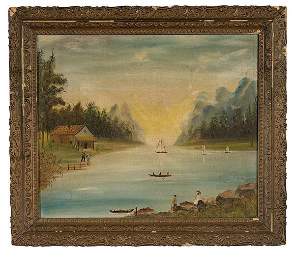 Appraisal: TH CENTURY FOLK ART RIVER PAINTING oil on canvas unsigned