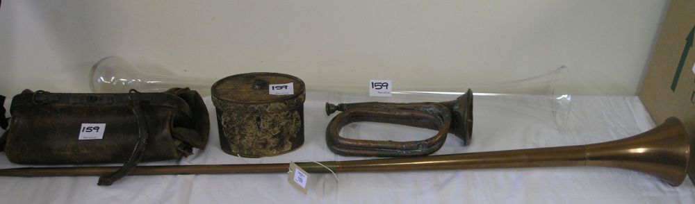 Appraisal: A copper hunting horn a copper bugle leather gladstone bag