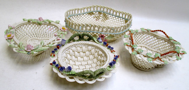 Appraisal: FOUR BELLEEK WOVEN BASKETS consisting of the four-strand Saint Patrick's