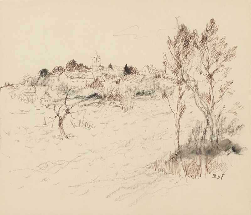 Appraisal: French country scene with distant village ink charcoal and wash