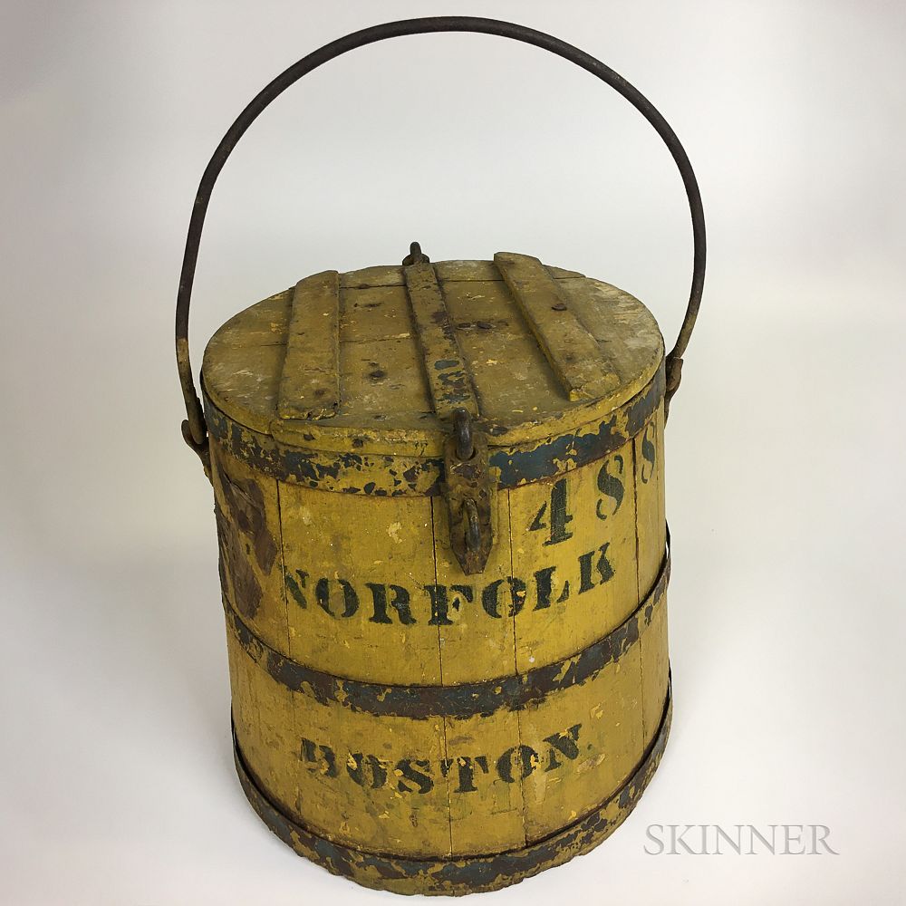 Appraisal: Yellow-painted Pine and Iron Covered Bucket Yellow-painted Pine and Iron