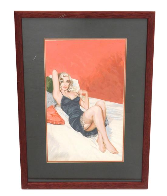 Appraisal: th C oil on board depicting blonde pin-up girl wearing