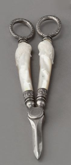 Appraisal: Good Pair of Sheffield Sterling Silver-Mounted Carved Mother-of-Pearl Grape Shears