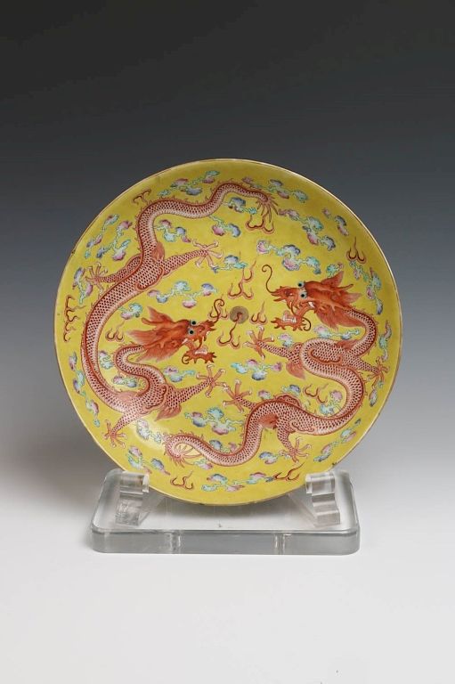 Appraisal: LARGE FAMILLE ROSE DRAGON CHARGER REPUBLICAN PERIOD Depicting two dragons