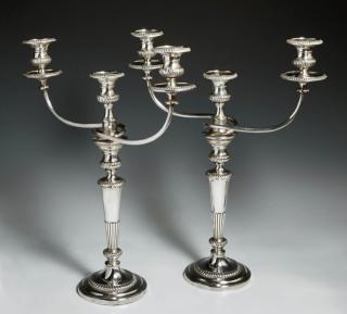 Appraisal: Pair of Georgian Style Silverplate on Copper Three Light Candelabra