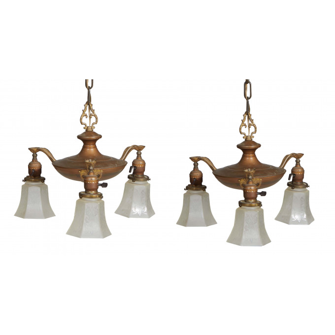 Appraisal: Diminutive Pair of American Hanging Brass and Iron Hall Chandeliers