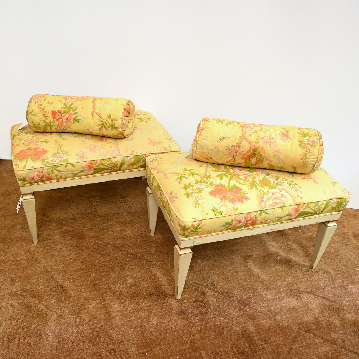 Appraisal: PAIR DIRECTOIRE STYLE UPHOLSTERED STOOLS Mid th c cream painted