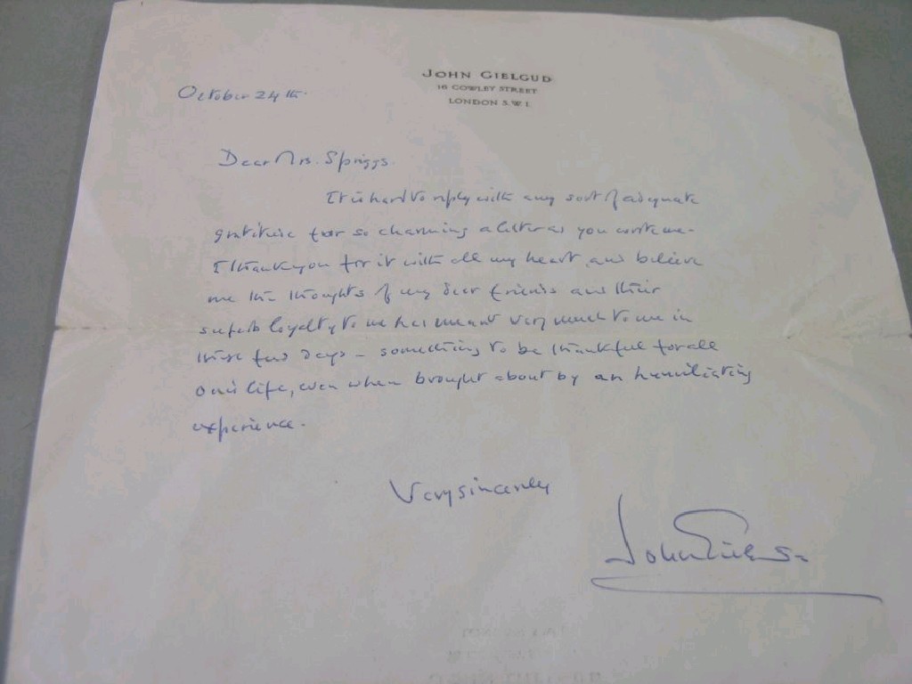 Appraisal: A letter hand-written by the late Sir John Gielgud 'Dear