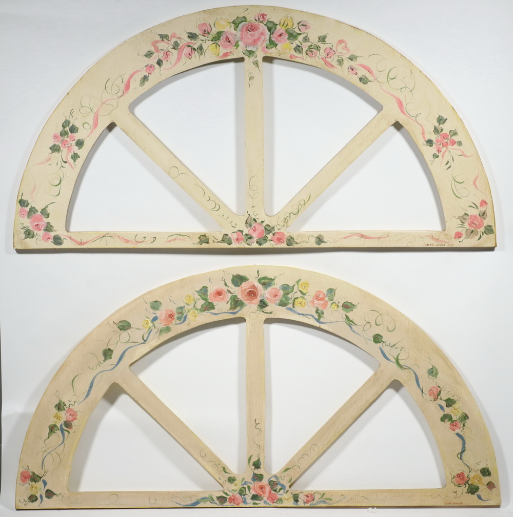 Appraisal: FOLK ART PAINTED FAUX WINDOW LUNETTES Painted Plywood Arched Window