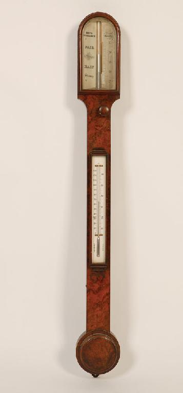 Appraisal: A VICTORIAN BURR WALNUT STICK BAROMETER the arched top with