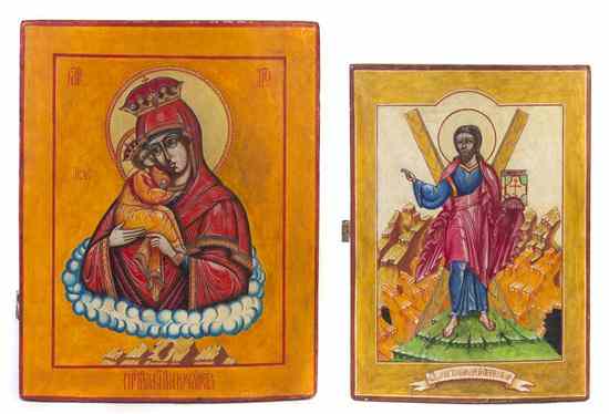 Appraisal: Two Byzantine Style Painted and Parcel Giltwood Icons each of