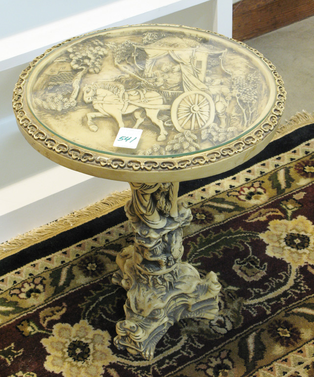 Appraisal: CHINOISERIE FAUX IVORY OCCASIONAL TABLE having a round pictorial relief